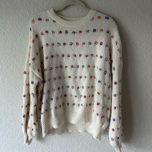 SHEIN Cream Knit Sweater with Multicolor Embroidered Polka Dots – Women’s Size L